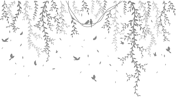 Hanging Willow Branch Wall Stickers DIY Grey Vine Leaf Plant Wall Decals Peel and Stick Grass Birds Butterfly Art Mural Decortions for Kids Baby Girls Nursery Bedroom Living Room Offices Classroom