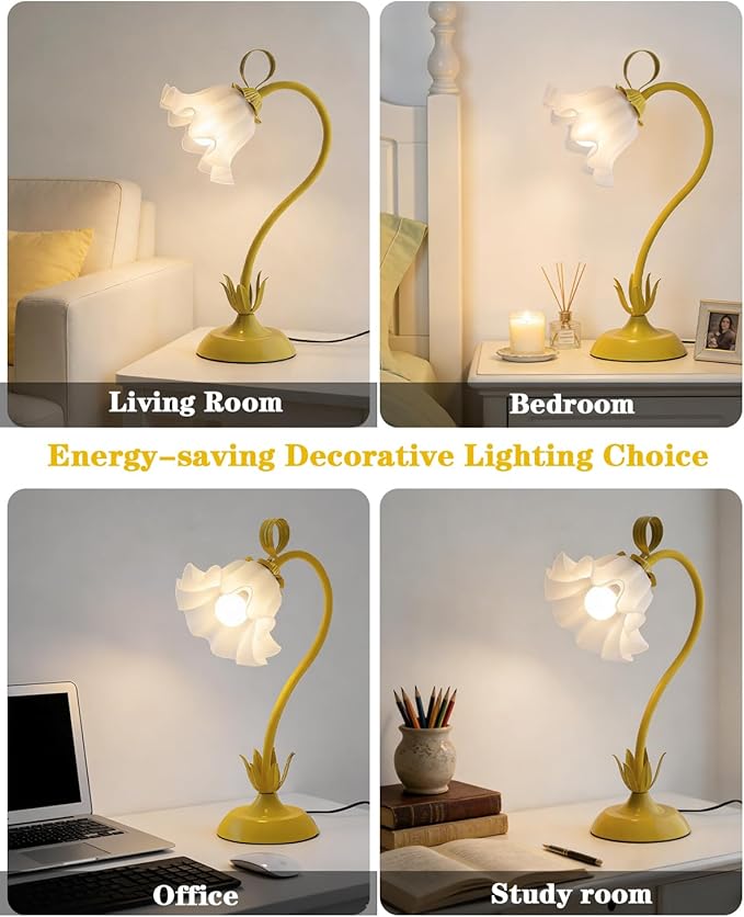 Flower Table Lamp, LED Reading Light Vintage Bedside Table Lamp with 3 Color Modes for Nightstand, Kawaii Decoration for Home Bedroom Living Room (Yellow)
