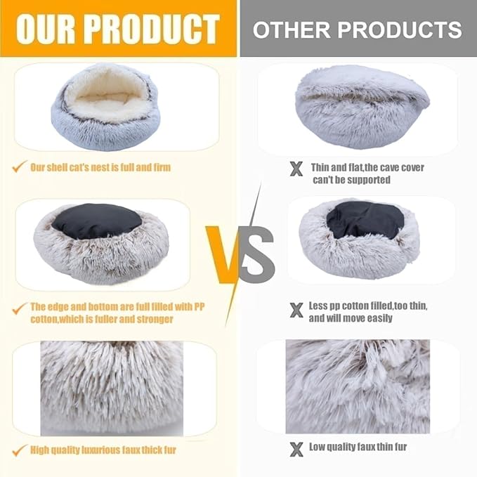 Calming Round Dog Beds &Cat Cave Bed with Hooded Cover,Plush Fluffy Dog Bed Anti-Anxiety Cat Cave Bed,Waterproof Bottom Washable (Coffee, 25.6X 25.6inch)