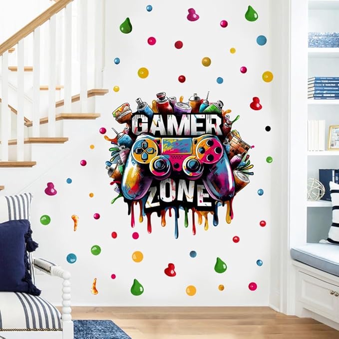 Large 3D Graffiti Gamer Zone Wall Decals (26.8”x26.4”), Watercolor Video Gaming Vinyl Wall Stickers for Game Lover, Removable Video Game Artwork for Boys Playroom Bedroom Decor