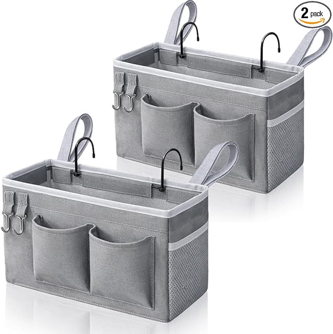 2pcs Bedside Caddy Hanging Storage Bag, Water Cup Holders, Organizer Baskets with Pockets for Bunk Bed Shelf, Hospital Beds, Loft & Dorm Rooms Accessories (Bedside bag-Grey)