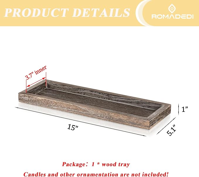Romadedi Rustic Decorative Wood Candle Tray - 15" Wooden Long Narrow Tray Candle Holder, Farmhouse Small Trays for Coffee Table Centerpieces Dining Room Kitchen Countertop Home Decor, Brown