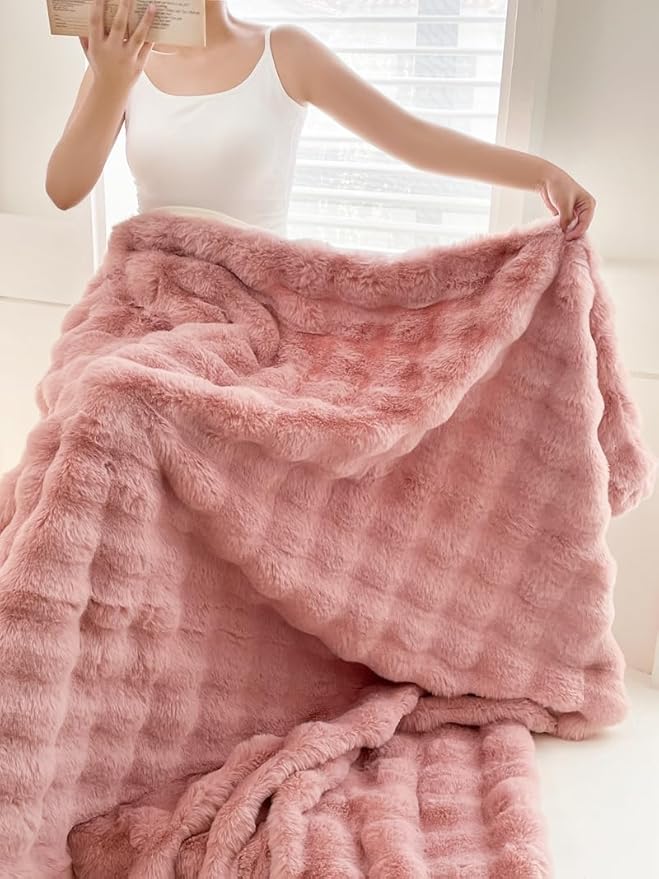 H&D Faux Fur Throw Blanket for Couch,Fluffy Cozy Soft Plush Luxury Thick Fuzzy Fleece Blanket for Couch Bed Sofa Bedroom Living Room,Comfy Bubble Blanket(Rose, Throw (50" x 60"))