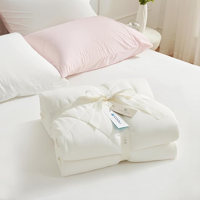 Cozy Bliss Cooling Comforter Queen Size, Cooling Blankets for Hot Sleepers and Night Sweats, Cream Summer Comforter for Queen Size Bed, Breathable Soft Lightweight Silk Smooth