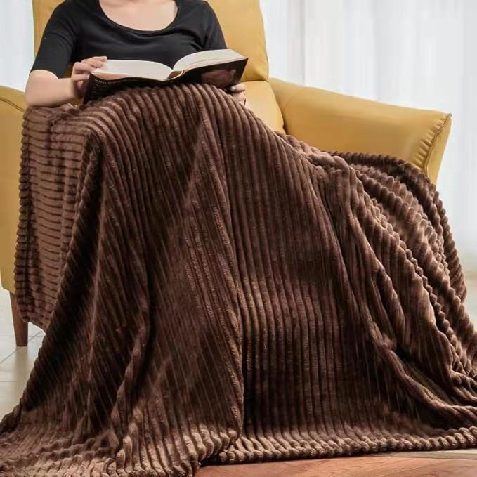 Vessia Flannel Fleece Throw Blanket(50X70 Inch), 300GSM Cozy Brown Stripe Throw for Couch, Sofa and Bed, Warm and Soft Chocolate Microfiber Ribbed Blanket for All Season