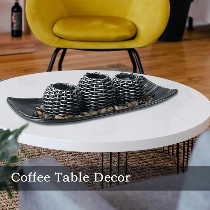 Coffee Table Decor, 3 Pieces Candle Holders with Tray and Rocks, Centerpiece Table Decorations for Living Room, Dining Room, Bedroom, Entryway Table Decor Thanksgiving Gift