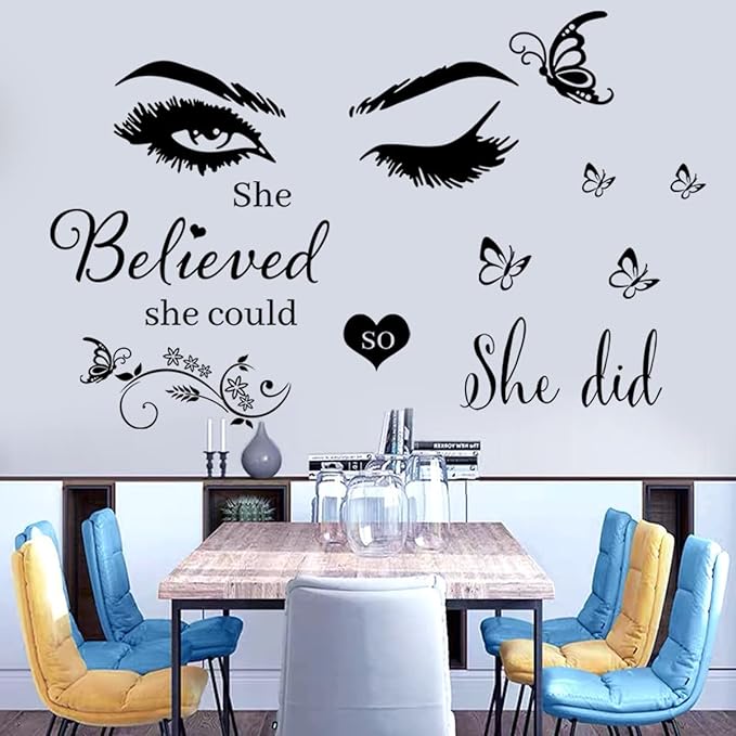 Wall Sticker Saying Vinyl Wall Decals Eyelash Eyes Inspirational Quotes She Believed She Could So She Did Wall Decal Butterfly Wall Stickers for Bedroom Living Room Classroom Office Girl Room Home