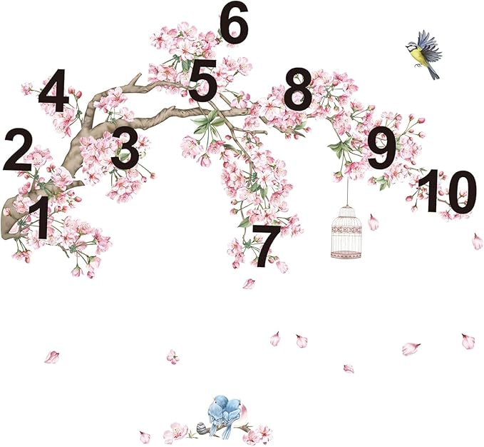 decalmile Cherry Blossom Tree Branch Wall Decals Pink Flower Birds Wall Stickers Bedroom Living Room Sofa TV Background Wall Decor