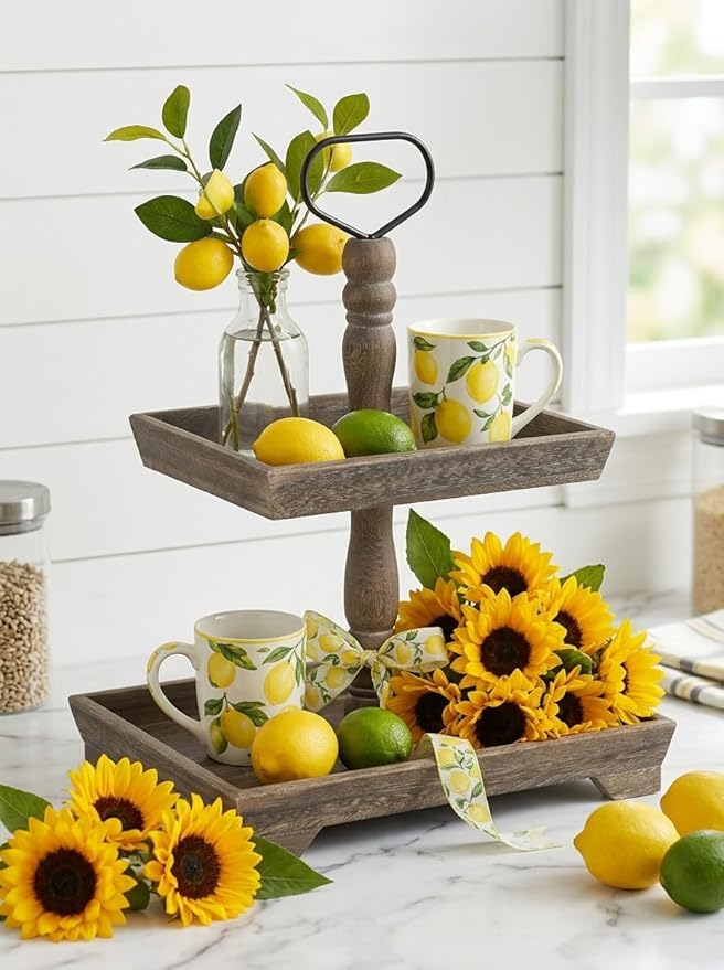 Hanobe Tiered Tray for Table Decor: 2 Tier Sunflower Decorative Tray Stannds for Table Centerpieces - Rectangle Farmhouse Serving Stand for Coffee Bar, Rustic Brown