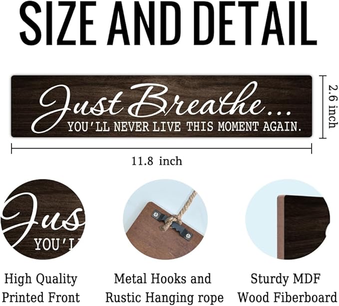 AGMDESIGN Just Breathe You'll Never Live This Moment Again Hanging Wooden Plaque, Wall Decor for Shelf Door, Farmhouse Bedroom Spa Room Meditation Room Wood Sign, Great Gifts for Friends Yoga Lovers