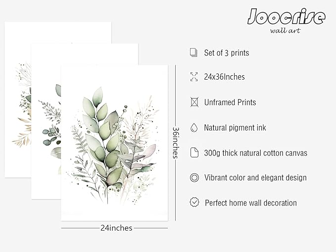 Joocrise Watercolor Botanical Wall Art Set of 3 Boho Floral Canvas Wall Decor Prints Sage Green Wildflower Wall Art Modern Flower Pictures Botanical Painting for Bedroom Bathroom 24x36 Inch Unframed