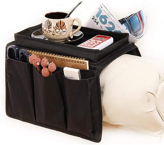 Sofa Armrest Organizer with Cup Holder Tray 6 Pockets TV Remote Control Organizer Sofa Couch Armchair Caddy Organizer Tidy Pocket Hanging Storage Bag Holder for Cellphone Magazine Drinks Snacks Black
