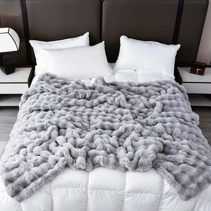 H&D Faux Fur Throw Blanket for Couch,Fluffy Cozy Soft Plush Luxury Thick Fuzzy Fleece Blanket for Couch Bed Sofa Bedroom Living Room,Comfy Bubble Blanket(Gray, Queen 80"x90")