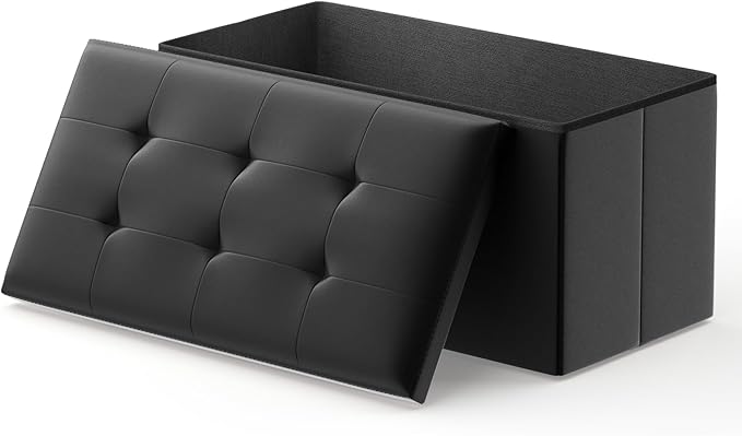 MoNiBloom 30 Inch Storage Ottoman Bench, 24 Gal. Folding Ottoman Footrest, End of Bed Bench, Rectangle Foot Stool, Supports 600 lbs, for Bedroom, Living Room, Entryway, Hallway, Black
