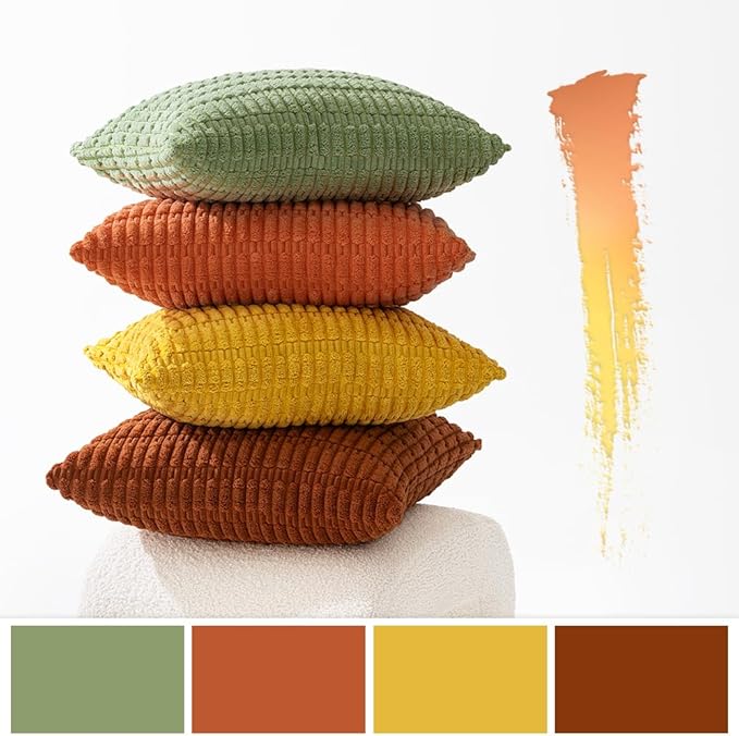 MIULEE Pack of 4 Spring Summer Western Boho Corduroy Decorative Throw Pillow Covers 18x18 Inch Modern Accent Soft Striped Pillow Covers Home Decor for Sofa Living Room Couch Bed Orange Green