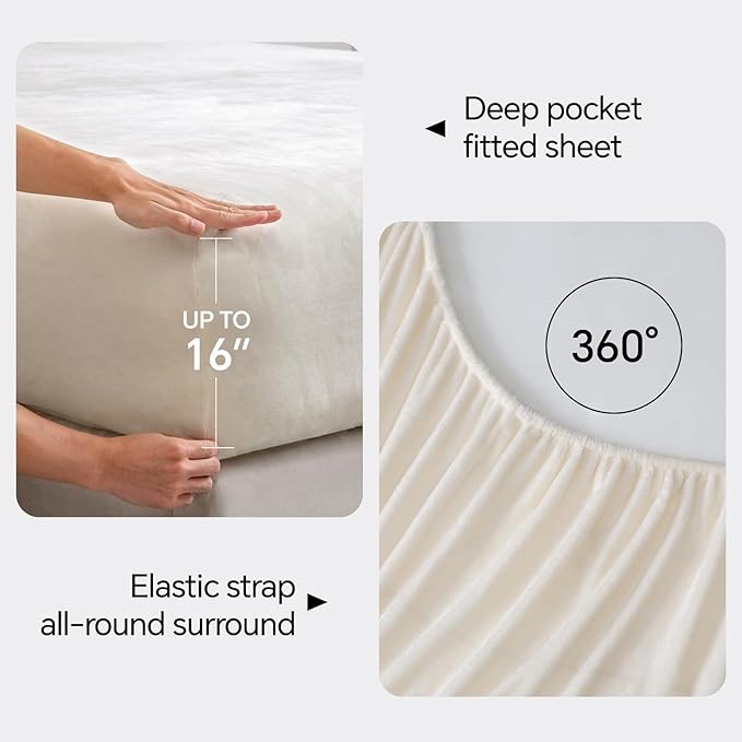 BEDELITE Flannel Sheets Full Size White - Super Soft Fleece Sheets Set Fluffy Extra Plush, 4 Piece(Include Fitted Sheet, Flat Sheet, 2 Pillowcases)