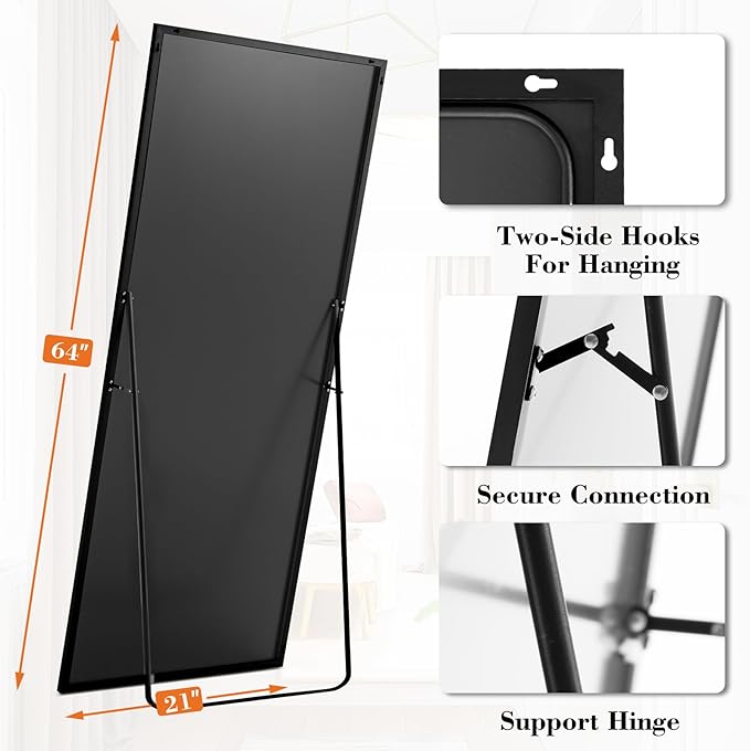 NEWBULIG Full Length Mirror 59.2"x16" for Bedroom, Full Body Mirror with Stand, Hanging or Leaning for Wall, Aluminum Alloy Thin Frame Floor Standing for Living Room, Long, Black