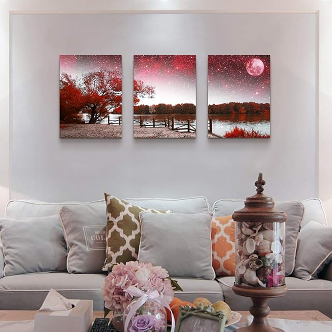Wall Art for living room Canvas Prints bedroom Wall Decor for bathroom artwork Abstract Painting Red tree moon landscape paintings 12" x 16" 3 Pieces Modern framed office Home decorations for kitchen