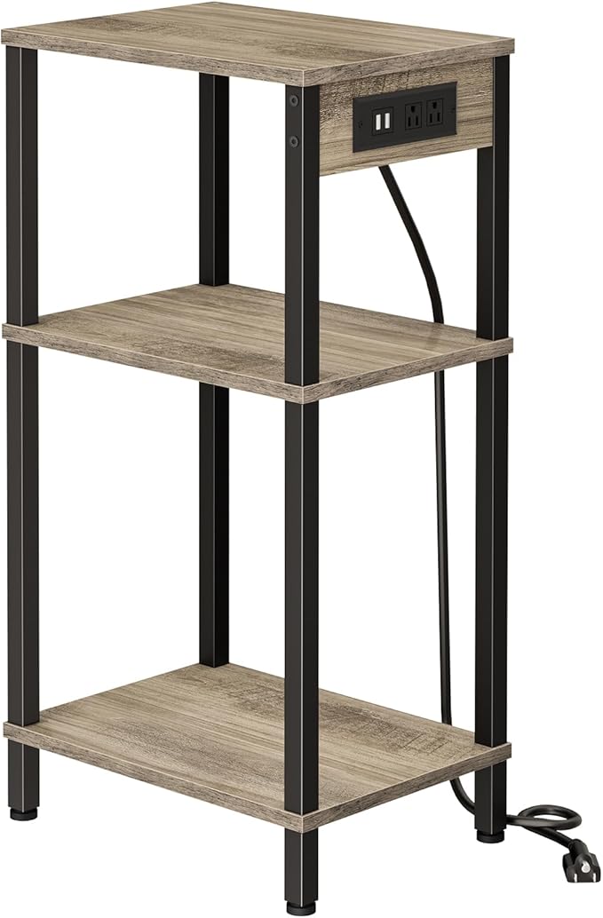 Tall End Table with Charging Station and USB Ports, 3 Tier Narrow Tall Bedside Table with Storage, Slim Nightstand with Outlets for Bedroom, Living Room, Office, Greige