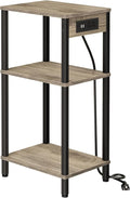 Tall End Table with Charging Station and USB Ports, 3 Tier Narrow Tall Bedside Table with Storage, Slim Nightstand with Outlets for Bedroom, Living Room, Office, Greige