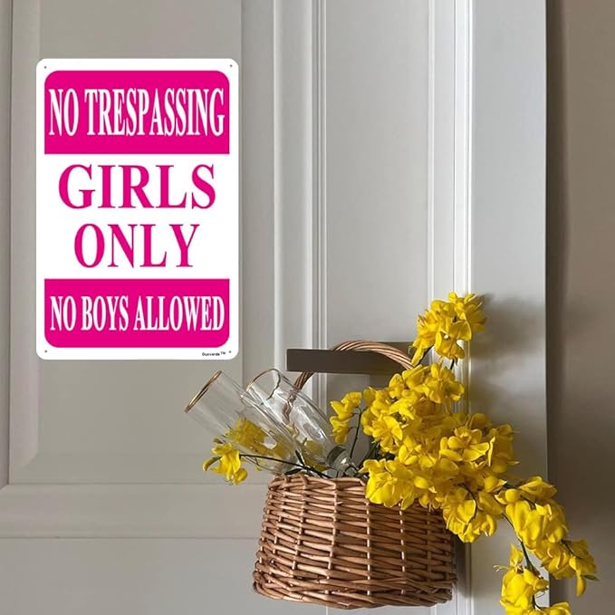 12"x16" Aluminum Sign, No Trespassing Girls Only Sign, No Boys Allowed Sign Girls Rule Pink Metal Sign for Girls Cave Bedroom Kids Room Decor