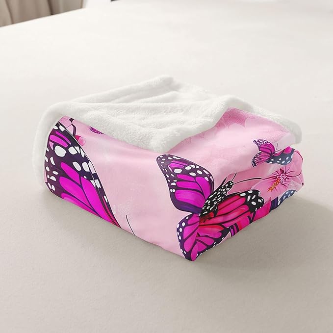 Purple Butterfly Sherpa Blanket - Pink Floral Spring Cherry Blossom Fleece Throw for Kids, Girls, Women - Fairy Fantasy Garden Theme Fuzzy Blanket for Bedroom, Sofa Decor - Baby 30"x40"