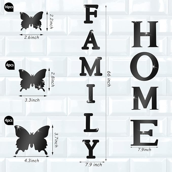 Outus 3D Family Home Sign Letters Living Room Decor Family Rustic Farmhouse Wall Decor Acrylic Mirror Decorative Butterfly Mirror Wall Sticker Decals for Living Room Bedroom Kitchen (Black)