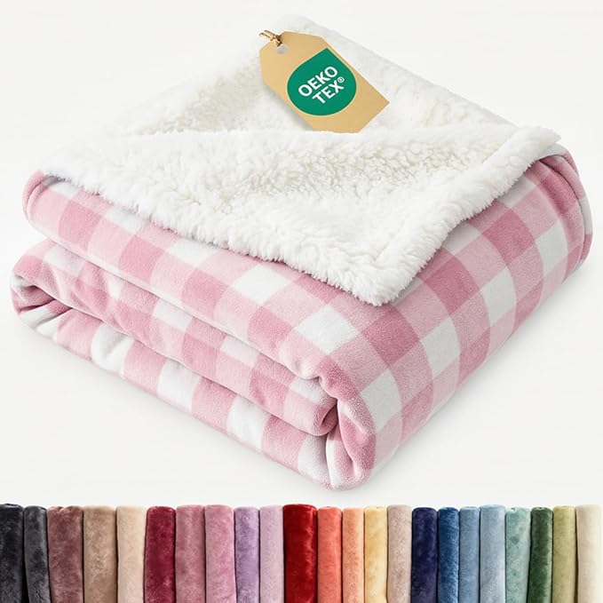 Sherpa Fleece Blanket Throw Size - Reversible Sherpa Fleece Throw Blanket - Super Soft Double Sided for Bed, Sofa, Couch - Thick, Warm, Plush - Luxurious Bedding for Winter - Pink Checkered, 50" x 60"