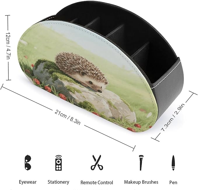 Cute Hedgehog Remote Control Holder Organizer Box with 5 Compartment PU Leather Bedside Storage Caddy Remote Organizer for Controller Media Player Pen/Pencil Storage