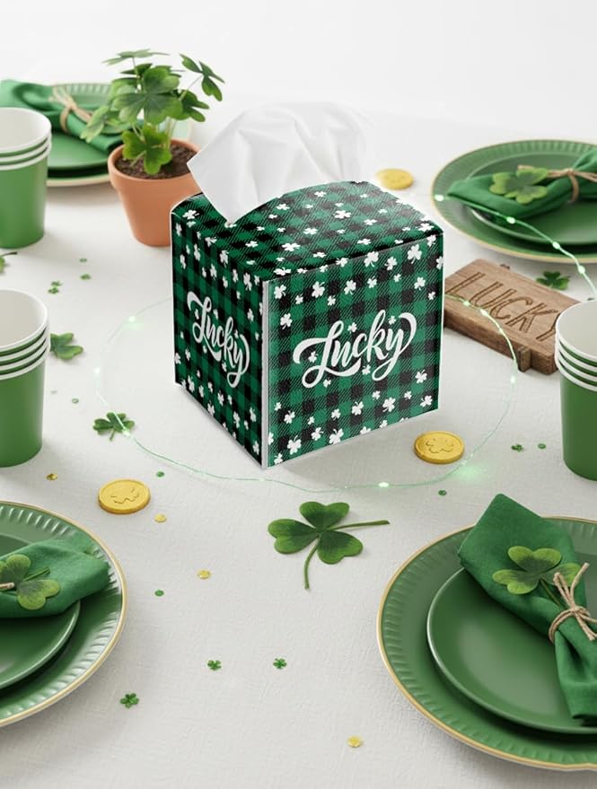 St.Patrick's Day Napkin Tissue Box Cover, Buffalo Plaid Shamrock Lucky Waterproof Leather Paper Organizer Dispenser for Table Dining, Bathroom, Nightstand Vanity, Car, Housewarming Gift Ideas, D