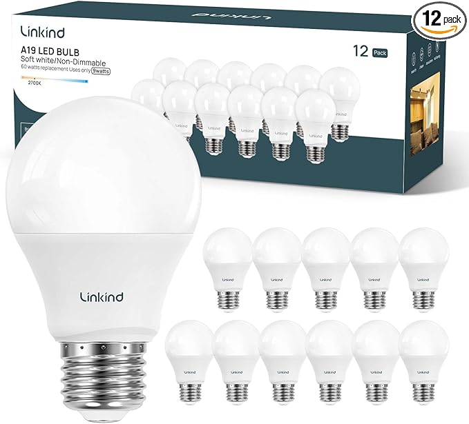 Linkind A19 LED Light Bulb, 60W Equivalent, 9W 2700K Soft White, 800 Lumens Non-Dimmable, E26 Standard Base, Energy Efficient UL Listed for Bedroom Home Office, 12 Pack