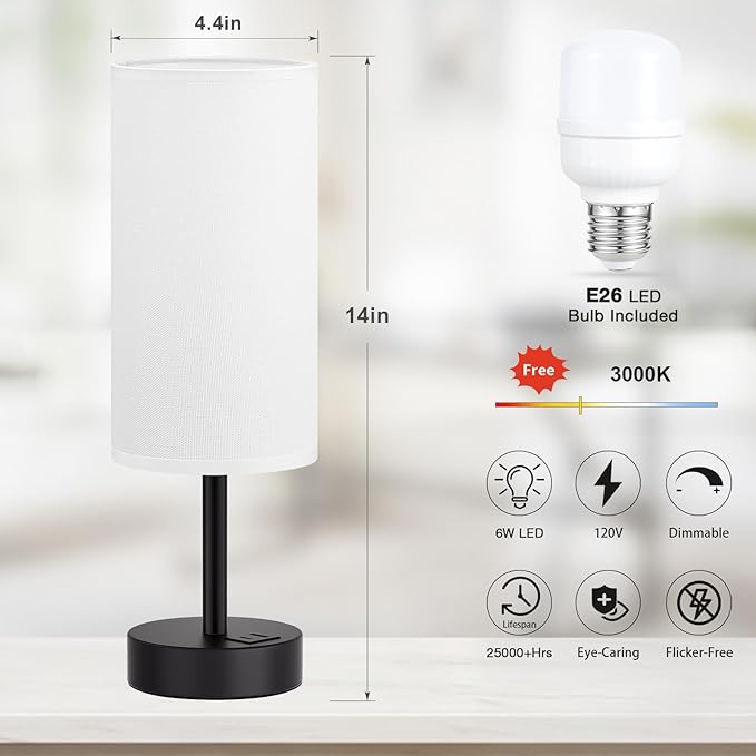 Dicoool White Touch Table Lamp with USB - 3 Way Dimmable Bedside Lamp for Nightstand, Bedroom Lamp with Black Charging Station for Desk, Office, Kids Room, Dorm, Small