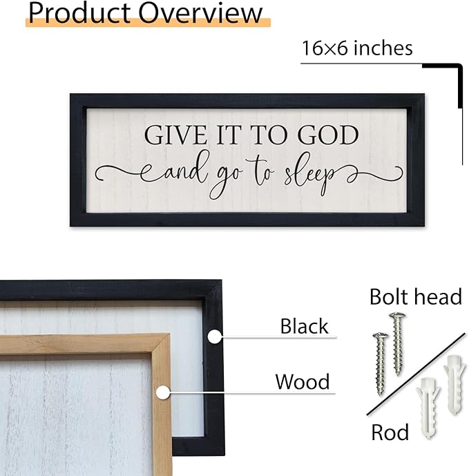 SRSZHIYUE Bedroom Above Bed Wall Decor Give It To God And Go To Sleep Sign 16"X6" Christian Farmhouse Over Bed for Horizontal Catholic Master Vintage Wood Framed Wall Art Hanging (Black)