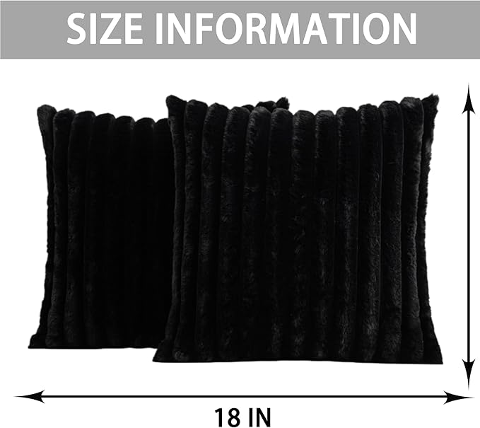 Aegero Pack of 2 Faux Fur Christmas Throw Pillow Covers 18x18 Inch, Soft Plush Striped Neutral Couch Pillow Cover, with Velvet Back Modern Home Decor for Sofa Living Room Couch Bed Black