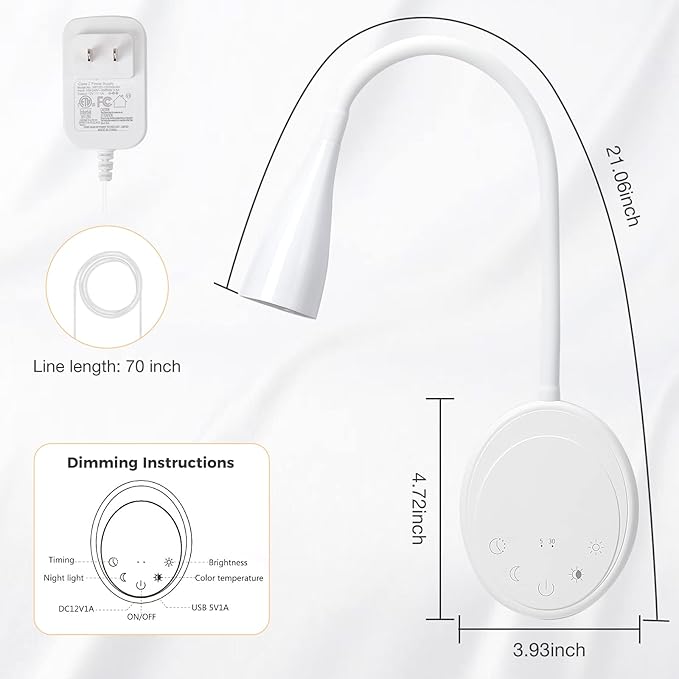 LED Wall Mounted Reading Light, Book Light for Reading in Bed with Touch Control, 5 Dimmable, USB Output, Night Light & Timers Function, Flexible Gooseneck Headboard Bed Lights (White)