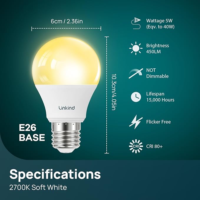 Linkind A19 LED Light Bulb, 40W Equivalent, 5W 2700K Soft White, 450 Lumens Non-Dimmable, E26 Standard Base, Energy Efficient UL Listed for Bedroom Home Office, 6 Packs