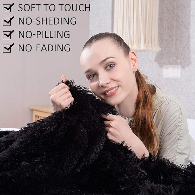 YUSOKI Long Faux Fur Twin Size Blanket,2 Layers,3.4lb for Bed Couch Home Décor Gifts Men (Black,60" x 80")