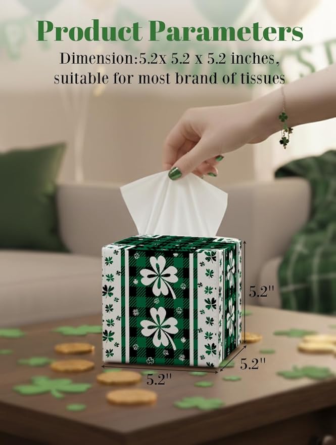 St.Patrick's Day Napkin Tissue Box Cover, Clover Buffalo Plaid Shamrock Waterproof Leather Paper Organizer Dispenser for Table Dining, Bathroom, Nightstand Vanity, Car, Housewarming Gift Ideas, B
