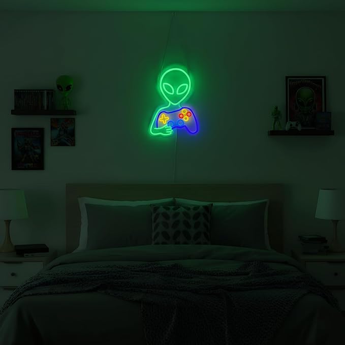 Alien Gamer Neon Sign, Dimmable Alien with Game Controller LED Lights for Game Room Wall Decor, Bedroom, Man Cave, Best Gamer Gifts for Teen Boys and Kids, 16 x 12 inch