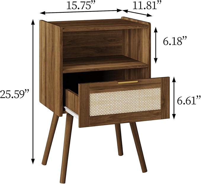 Nightstand,Modern Bedside Table with Storage Drawer and Open Wood Shelf, Accent Night Stand with Solid Wood Legs for Living Room, Bedroom and Small Spaces,Easy Assembly (Walnut Brown-Rattan)