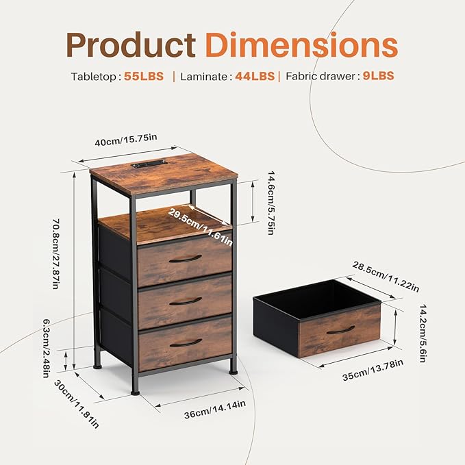 DUMOS Nightstand with Charging Station, Bedside End Table with 3 Fabric Drawers & USB/Type-C Ports and Outlets, Night Stand for Bedroom Furniture, Adjustable Feet and Variable Light Strip, Rust
