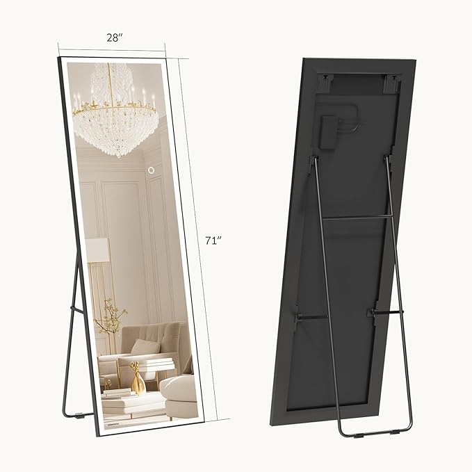 Kosmonia 71x28 Full Length Mirror, Dimmable 3 Color LED Light w/Light Memory, Distortion Free Silver Coating Mirror, HD Reflection &Anti Desilvering,Tempered Glass &Shatter Proof Film Doubles Safety