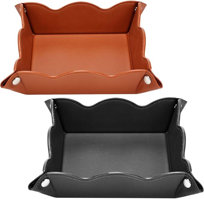 Valet Tray for Men Women 2 Pack - PU Leather Travel Catchall Tray Organizer - Desk Bedside Nightstand Storage Box for Jewelry Key Phone Remote Controller Wallet Readers -Brown and Black