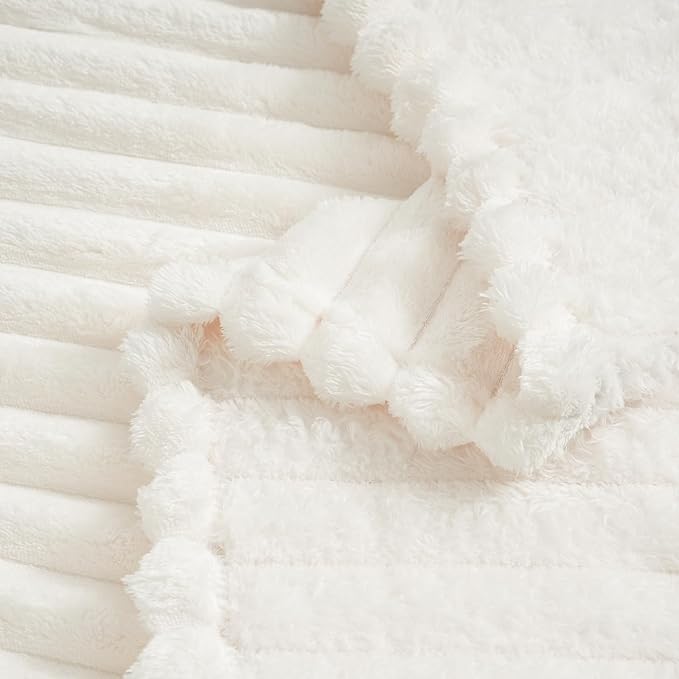 Vessia Flannel Fleece Cream Twin Blanket(60x80inch), 300GSM Striped Blanket for Adults and Kids, Super Soft Warm Cozy Lightweight Home Decor for All-Season