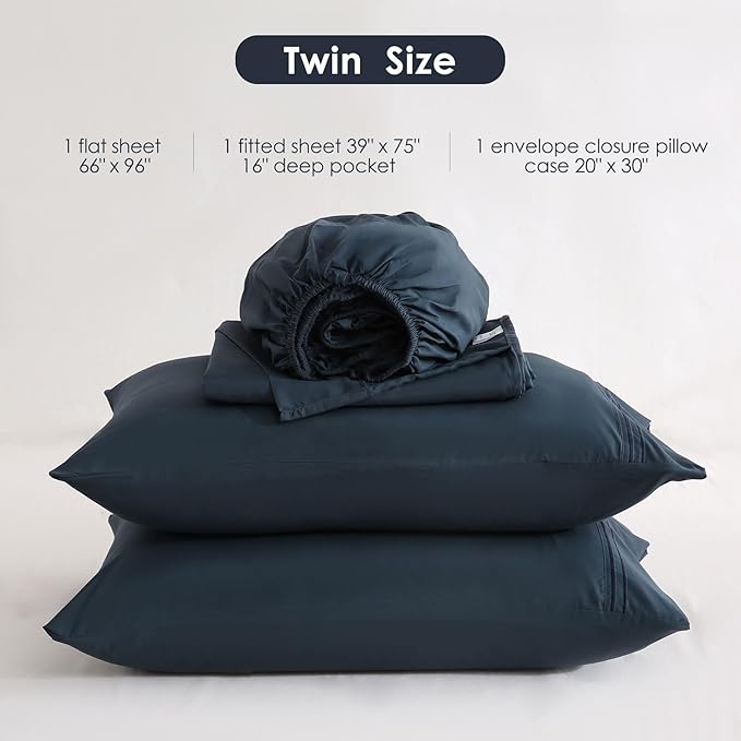 JSD Navy Blue Twin Sheet Set with Side Pocket Corner Straps, 3 Piece Soft Kids Microfiber Bed Sheets Extra Deep Pocket