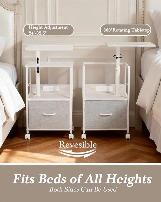 360° Swivel Nightstand with Height Adjustable, Lift Top Bedside Table with Charging Station, Rolling Night Stand with Fabric Drawer, End Table with Wheels, for Bedroom, Living Room, White Gray