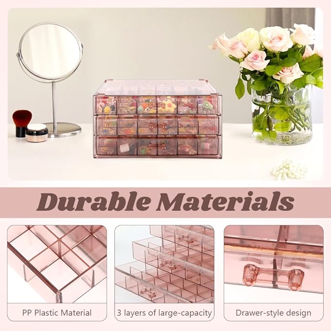 Jewelry Organizer, Earring Holder Organizer Box with 3 Layers, 72 Grids Earring Case, Jewelry Box for Girls, Craft Storage Containers for Nail Charms, Ring, Earrings(Tan)