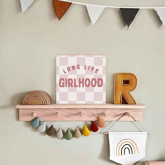 Lacama Girls Room Wooden Box Sign, Long Live Girlhood Decorations Wood Block Signs, Retro Pink Checkered Wood Sign for Toddler Girls Nursery Room Bedroom Desk Shelf Wall Decor 5x5 Inches