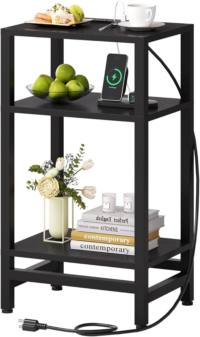 Tall Nightstand with Fast Charging Station, 3 Tier Small Table Stand for Small Space, Skinny Side Table with Type C and USB Port, End Tables for Living Room, Bedroom, Office, Black