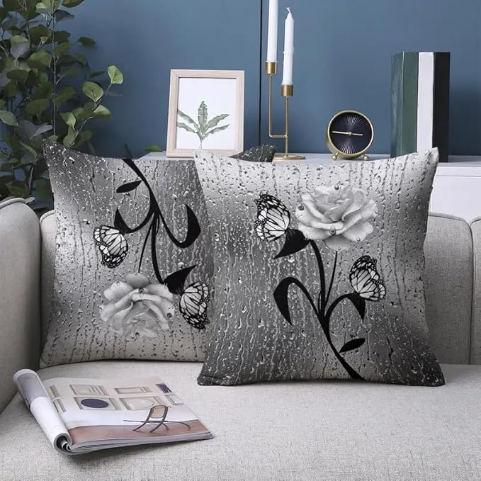 2pcs Elegant Decorative Throw Pillow Cover with Butterfly and Rose Design, Black and White Raindrop Pattern, Square Shape，18x18 Pillows Linen Pillowcase